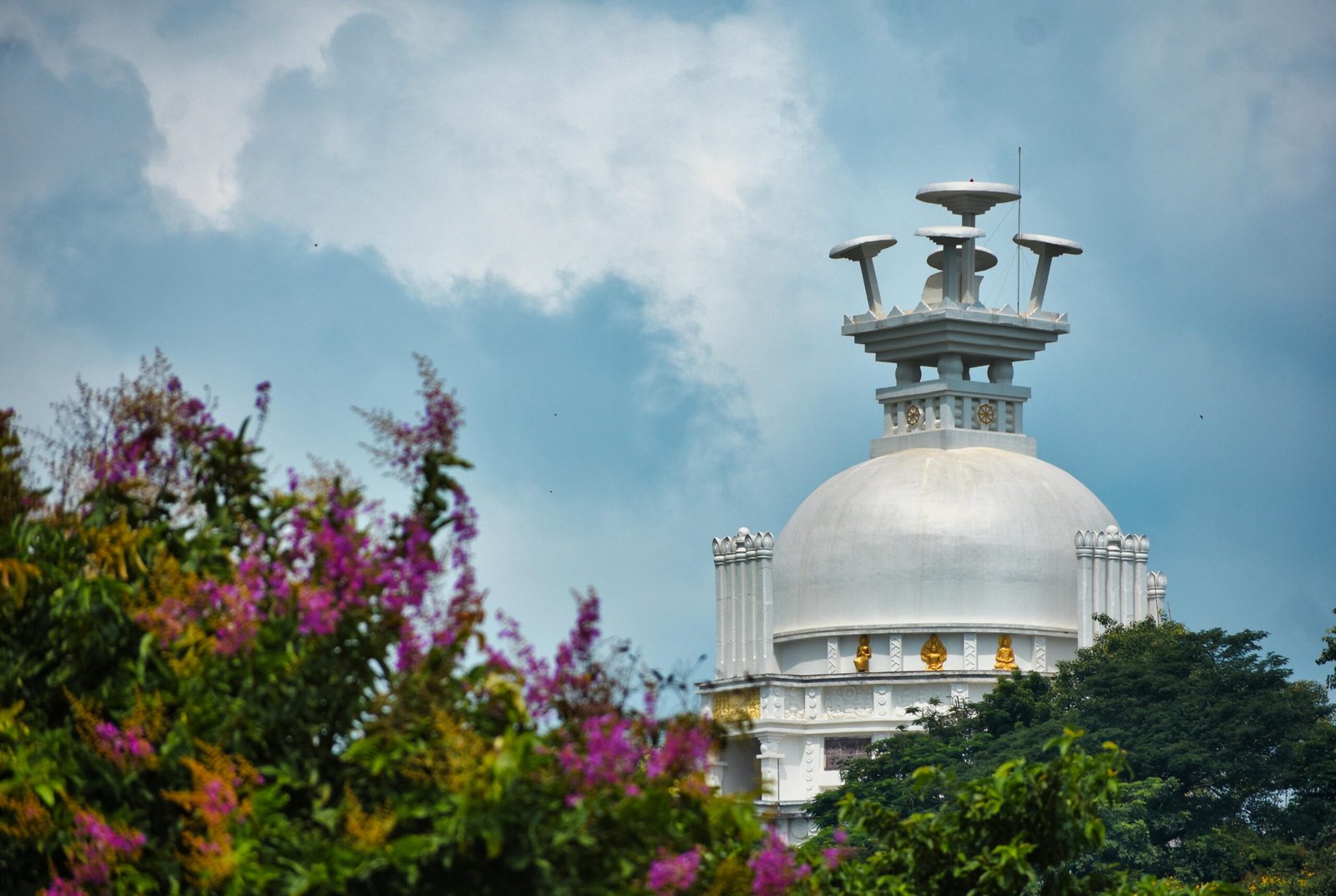 A vibrant view of Shanti Stupa in Dhauli, India surrounded by lush foliage and a bright sky.